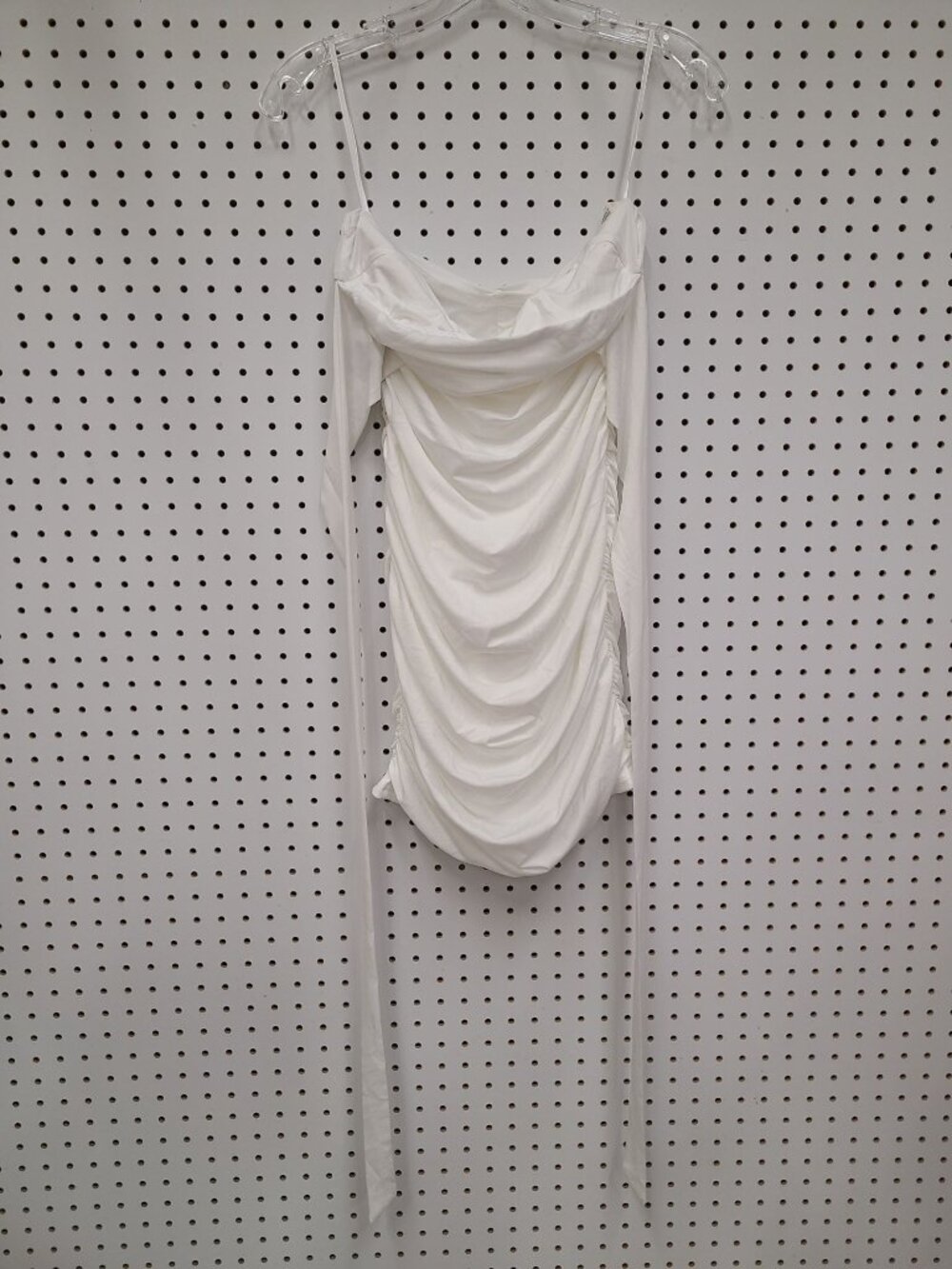 White Ruched Bodycon Mini Dress With Spaghetti Straps & Long Ties - Size Small